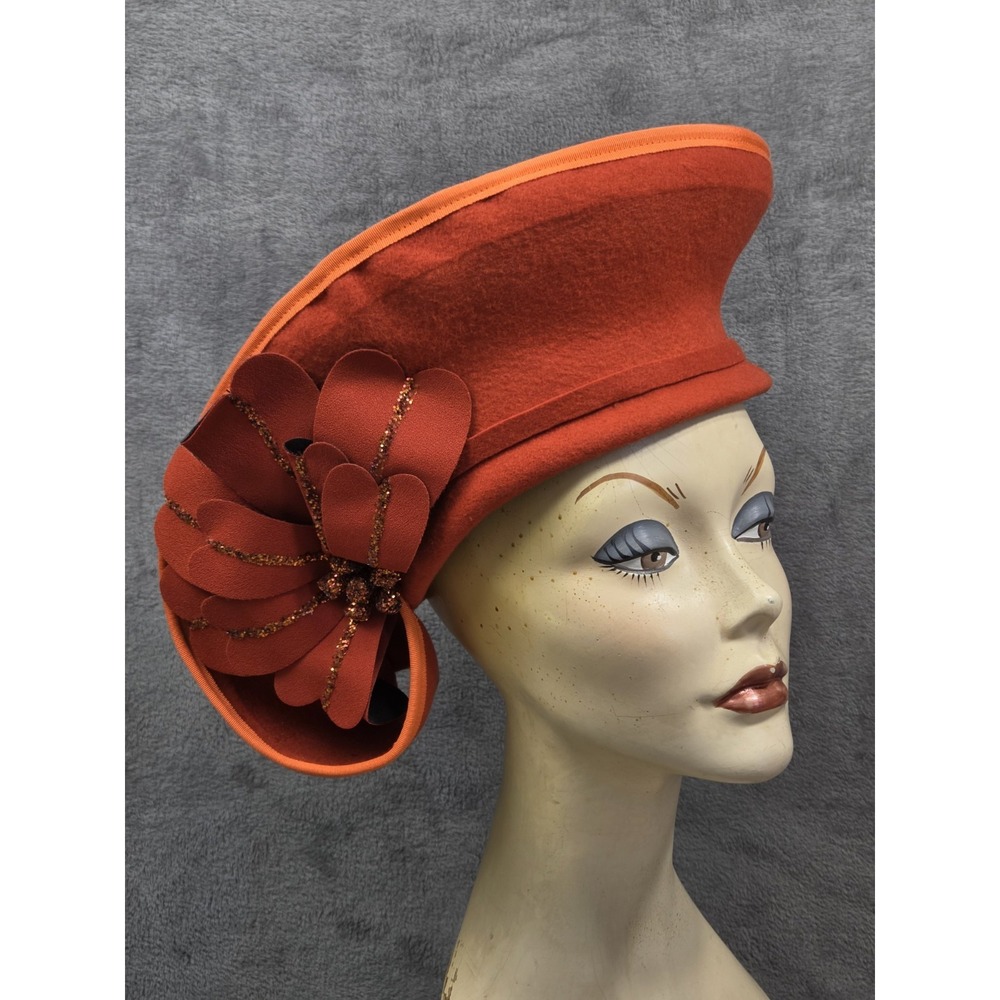 Vintage Ann Marie Women's Orange Church Kentucky Derby Hat Wool Made In USA